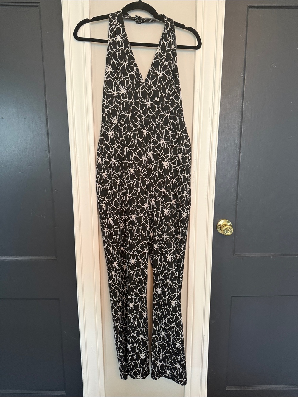 Free People Black & White Floral V-Neck Sleeveless Jumpsuit